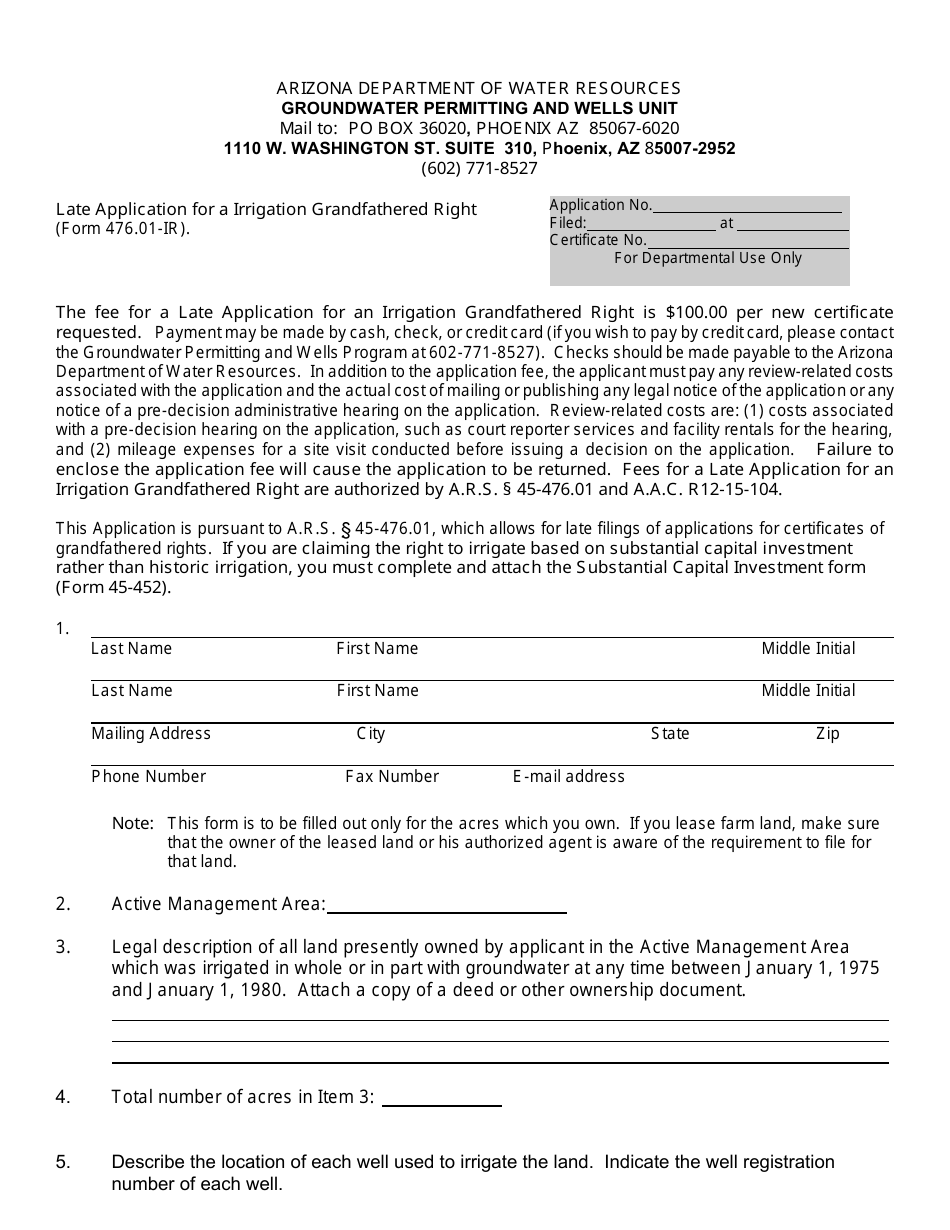 Form 476.01-IR Late Application for a Irrigation Grandfathered Right - Arizona, Page 1