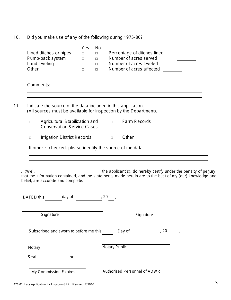 Form 476.01-IR Late Application for a Irrigation Grandfathered Right - Arizona, Page 3