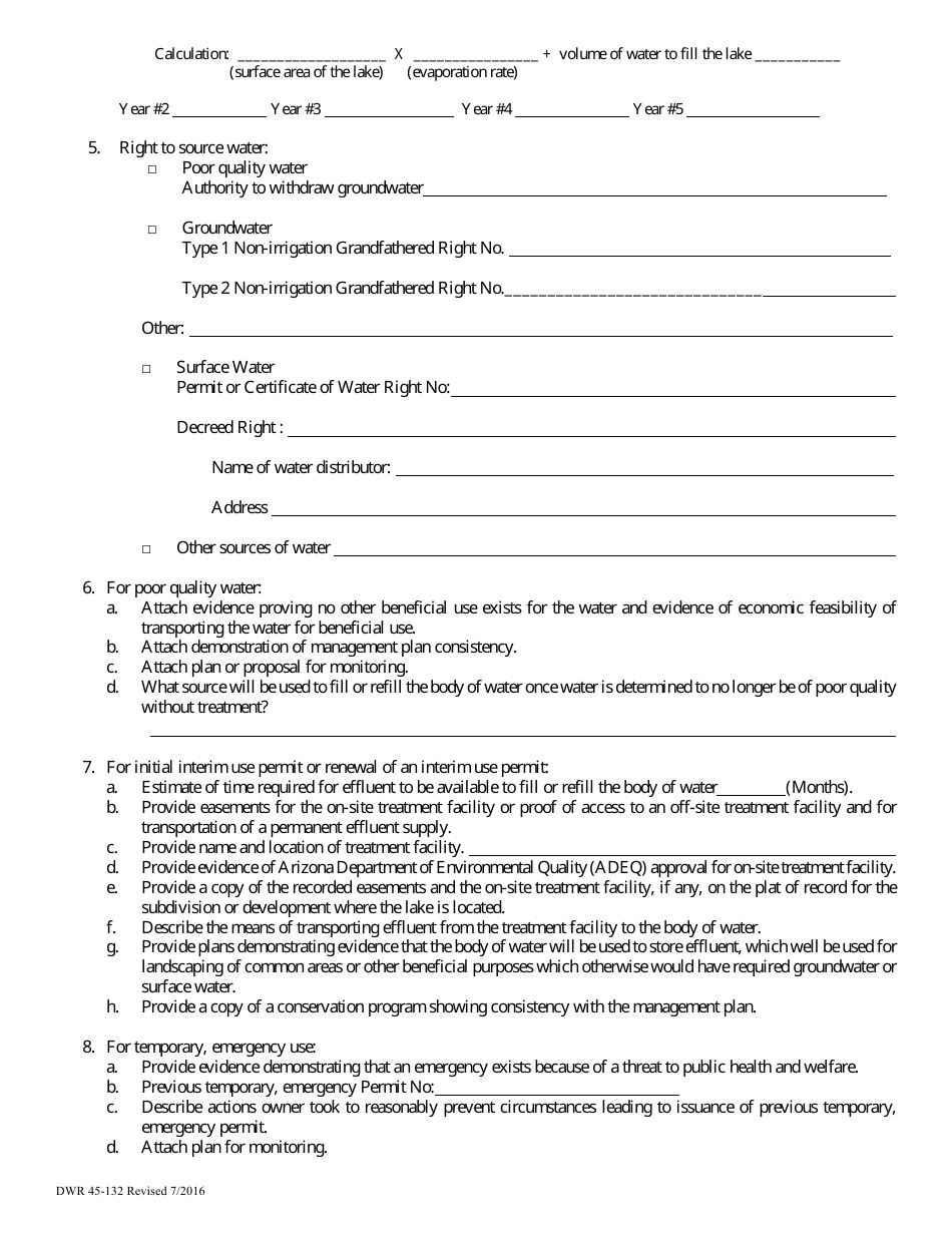 Form DWR45-132 Application for Permit to Use Water to Fill or Refill a Body of Water Within an Active Management Area, Pursuant to a.r.s. 45-132 Through a.r.s. 45-134 - Arizona, Page 2