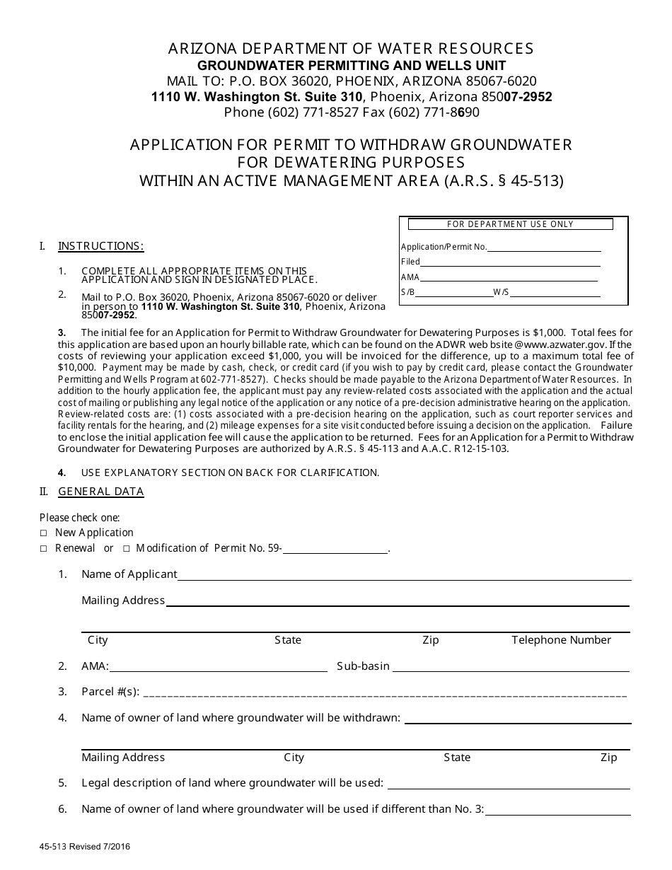 Form 45-513 Application for Permit to Withdraw Groundwater for Dewatering Purposes Within an Active Management Area - Arizona, Page 1