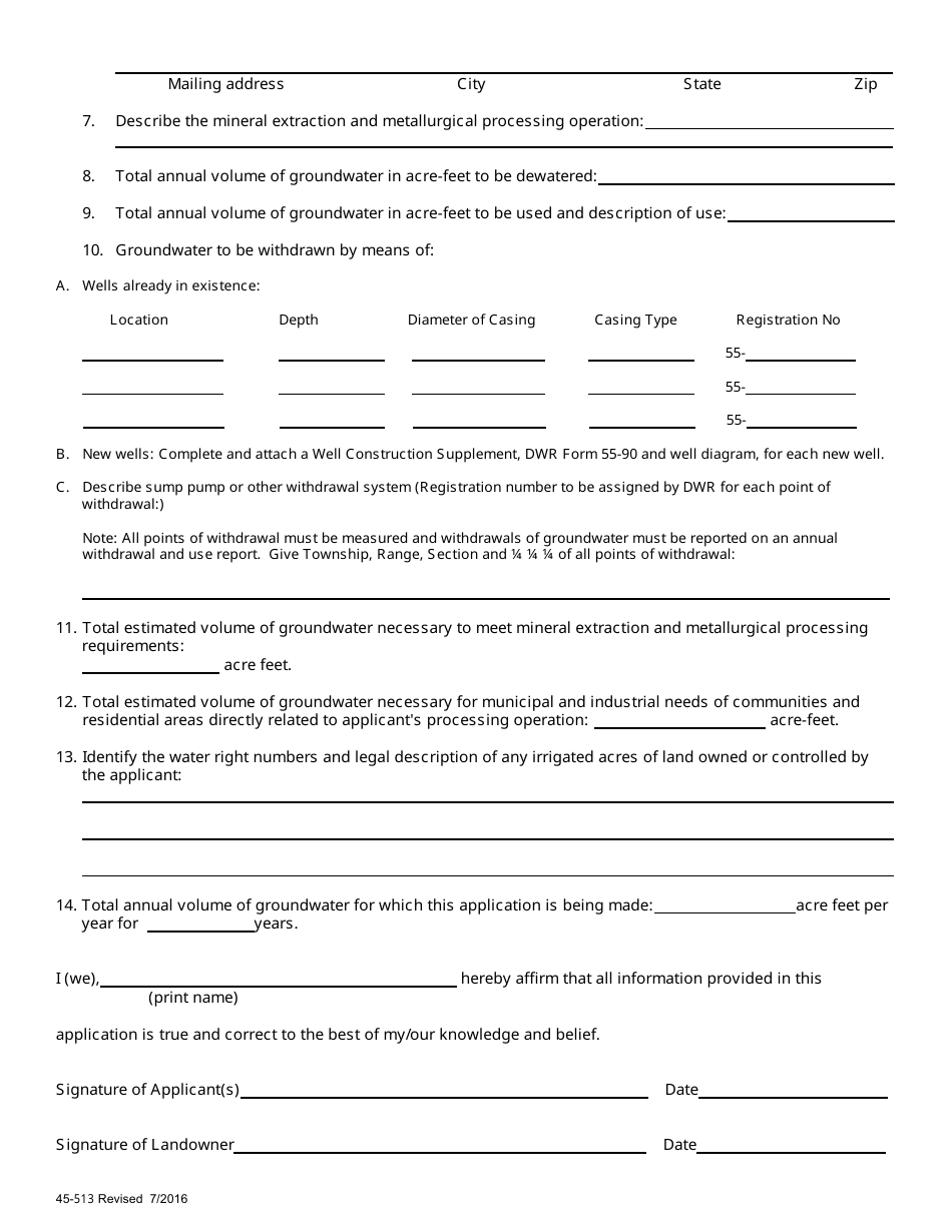 Form 45-513 Application for Permit to Withdraw Groundwater for Dewatering Purposes Within an Active Management Area - Arizona, Page 2