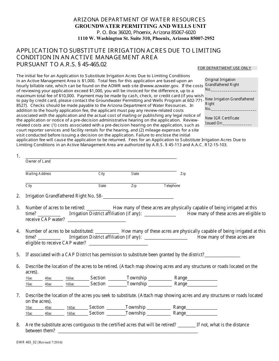 Form DWR465_02 Application to Substitute Irrigation Acres Due to Limiting Condition in an Active Management Area Pursuant to a.r.s. 45-465.02 - Arizona, Page 1