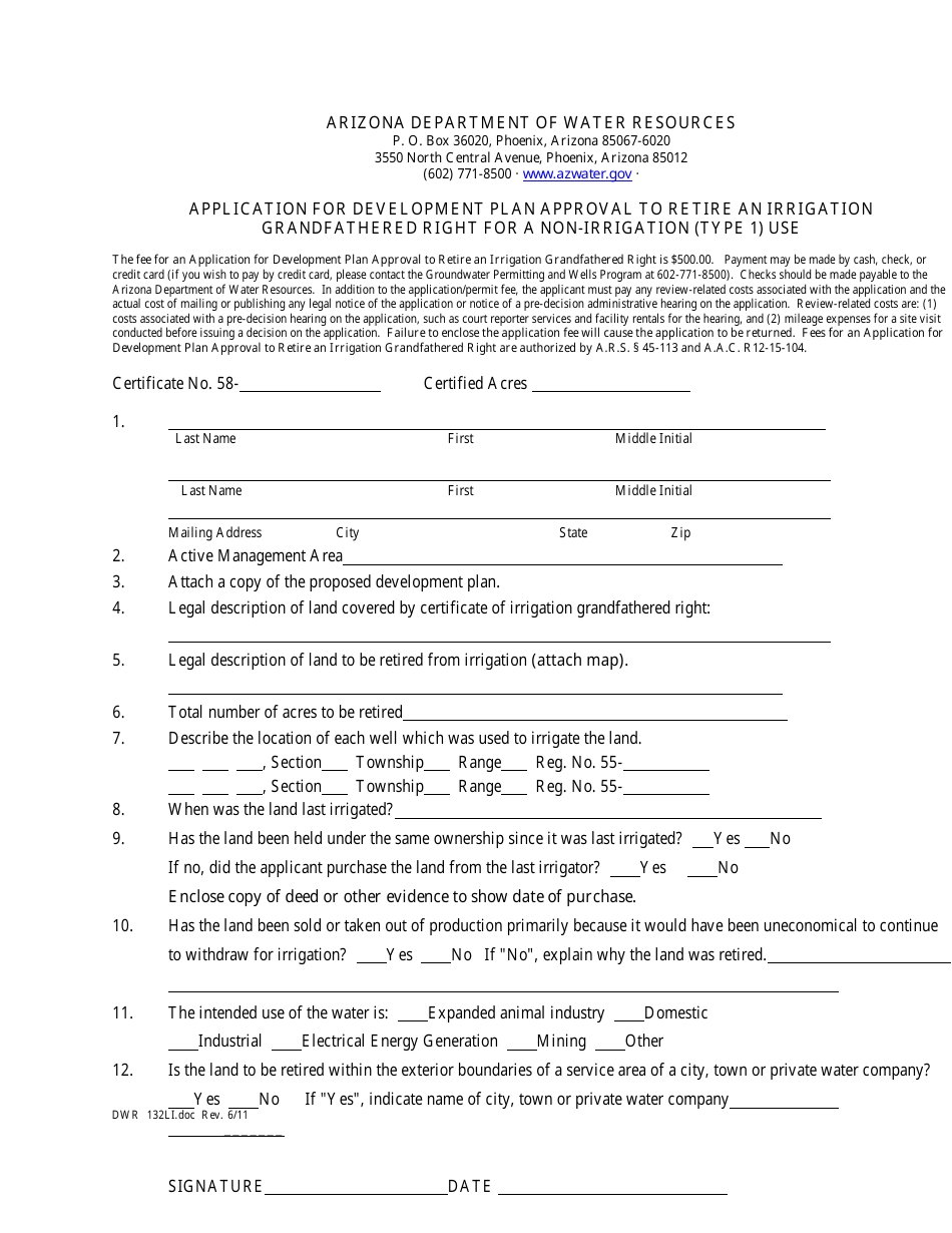 Form DWR132LI Application for Development Plan Approval to Retire an Irrigation Grandfathered Right for a Non-irrigation (Type 1) Use - Arizona, Page 3