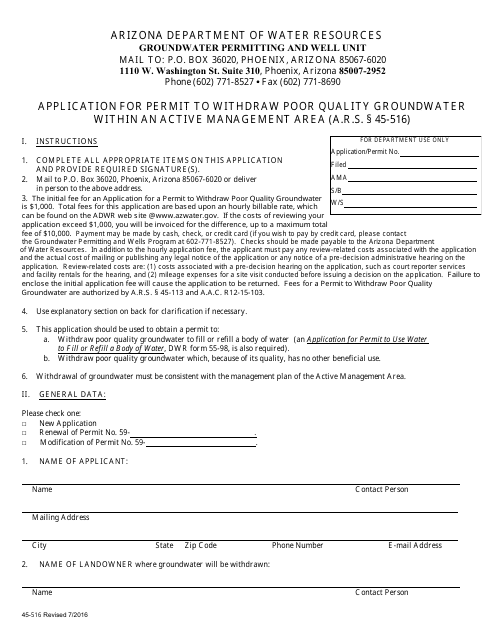 Form 45-516 Application for Permit to Withdraw Poor Quality Groundwater Within an Active Management Area - Arizona