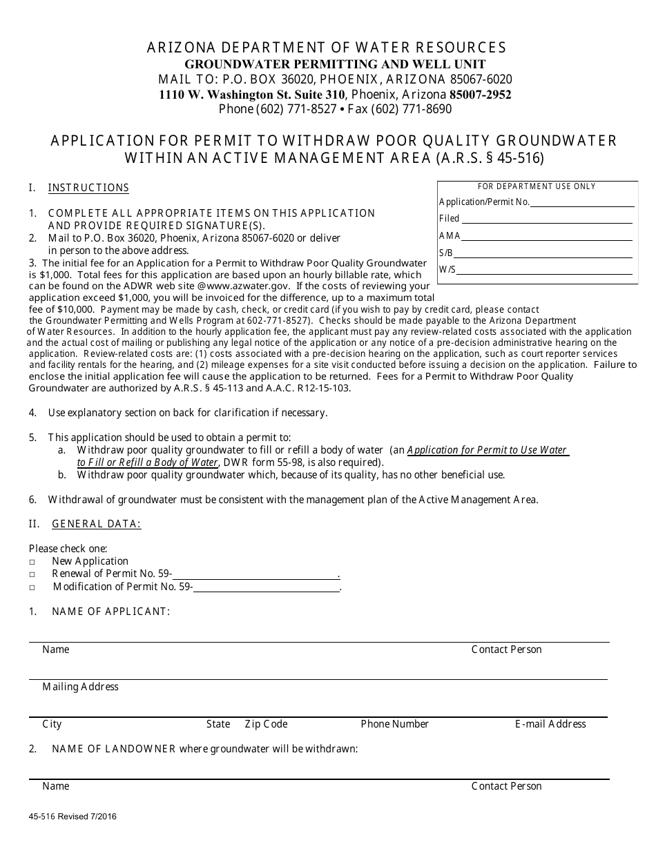 Form 45-516 Application for Permit to Withdraw Poor Quality Groundwater Within an Active Management Area - Arizona, Page 1