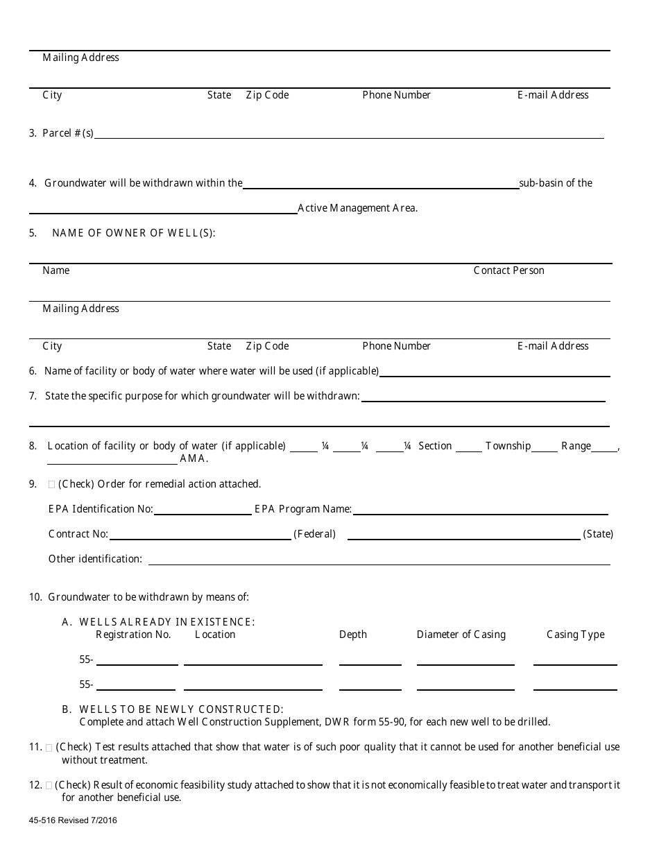 Form 45-516 Application for Permit to Withdraw Poor Quality Groundwater Within an Active Management Area - Arizona, Page 2