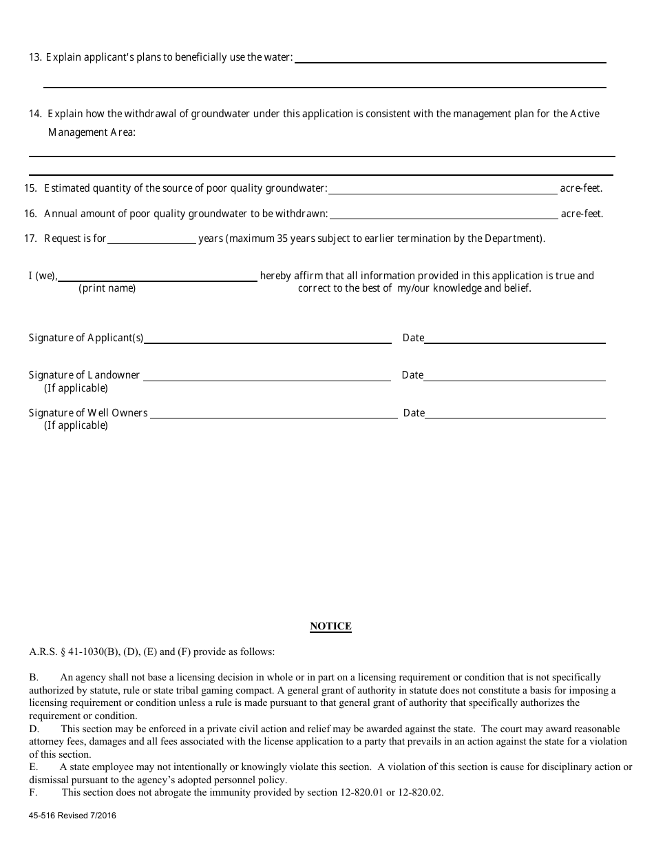 Form 45-516 Application for Permit to Withdraw Poor Quality Groundwater Within an Active Management Area - Arizona, Page 3