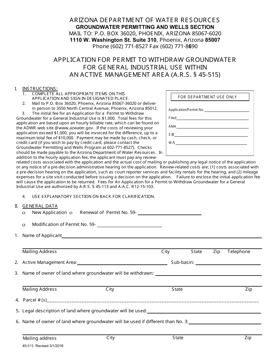Form 515 Application for Permit to Withdraw Groundwater for General Industrial Use Within an Active Management Area - Arizona, Page 1