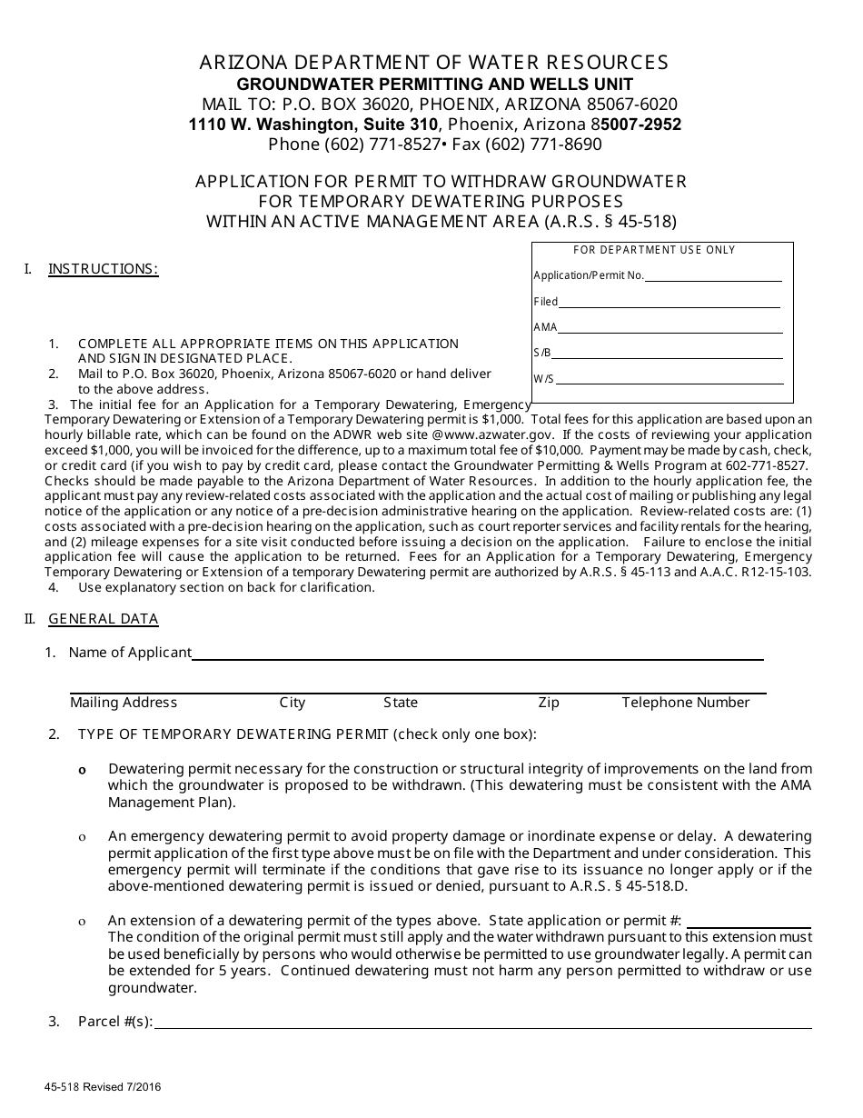 Form 518 Application for Permit to Withdraw Groundwater for Temporary Dewatering Purposes Within an Active Management Area - Arizona, Page 1