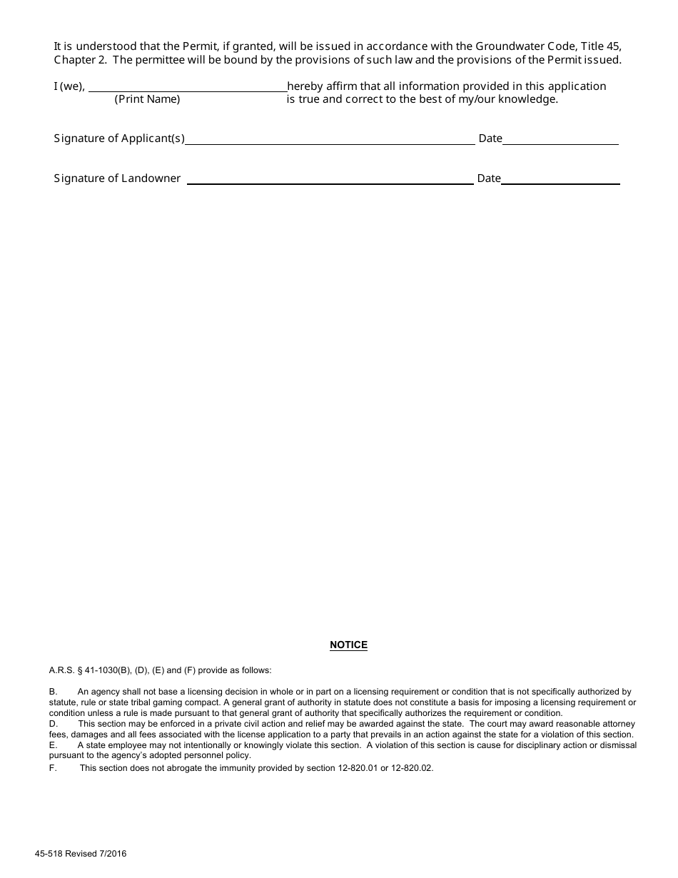 Form 518 Application for Permit to Withdraw Groundwater for Temporary Dewatering Purposes Within an Active Management Area - Arizona, Page 3