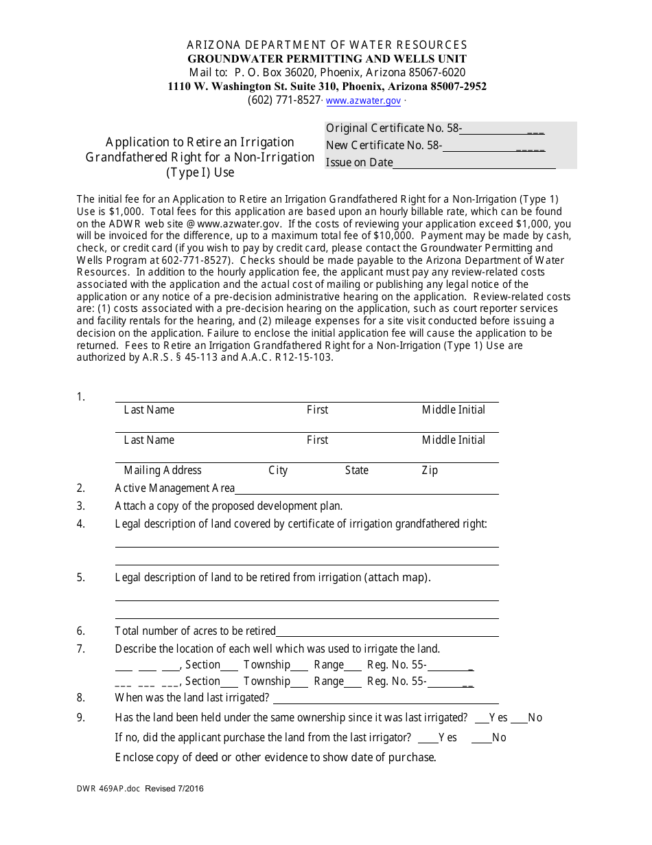 Form DWR469AP Application to Retire an Irrigation Grandfathered Right for a Non-irrigation (Type I) Use - Arizona, Page 1