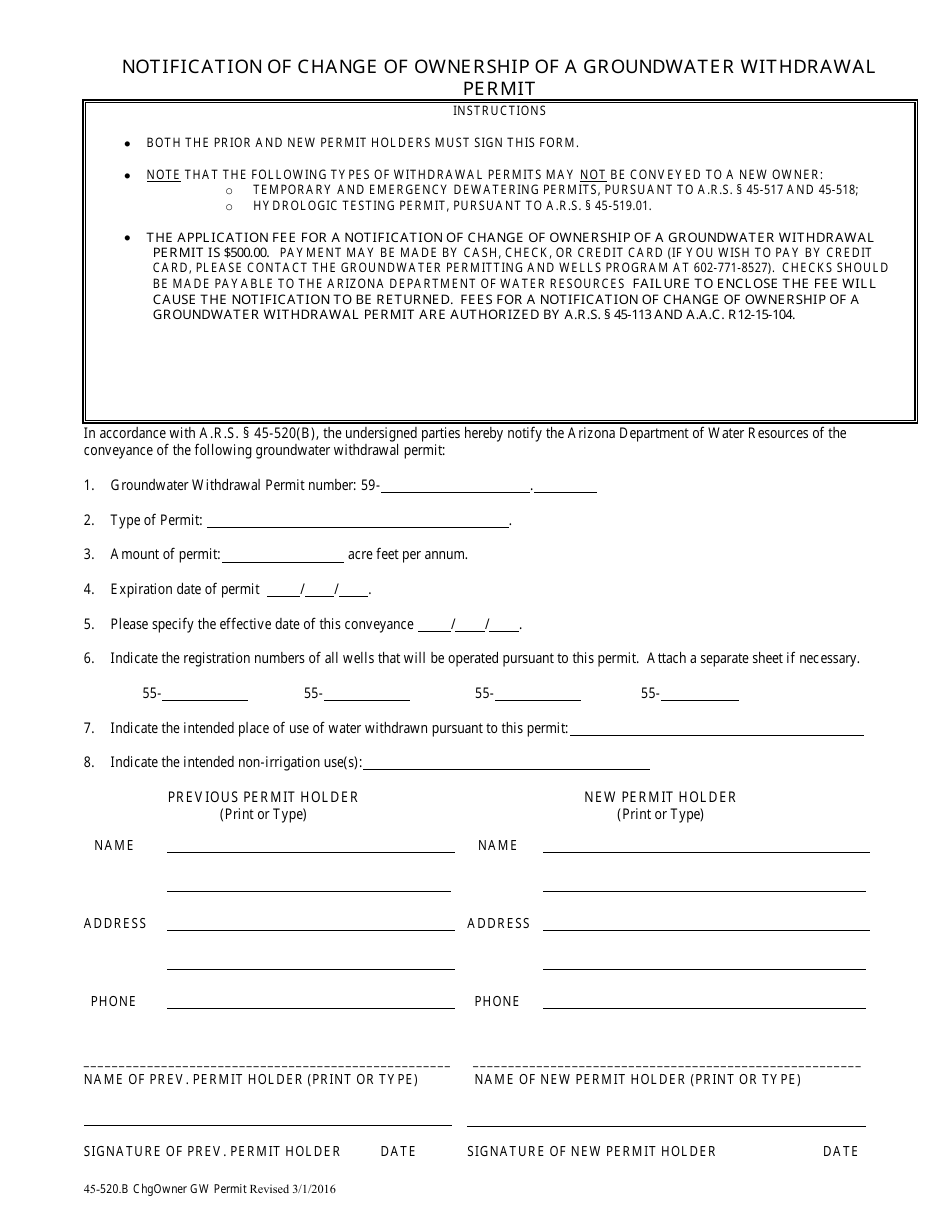 Form 520 Notification of Change of Ownership of a Groundwater Withdrawal Permit - Arizona, Page 1