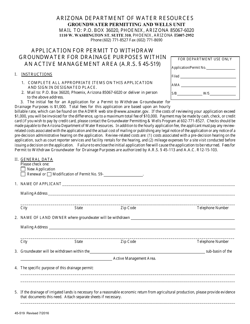 Form 519 Application for Permit to Withdraw Groundwater for Drainage Purposes Within an Active Management Area - Arizona, Page 1