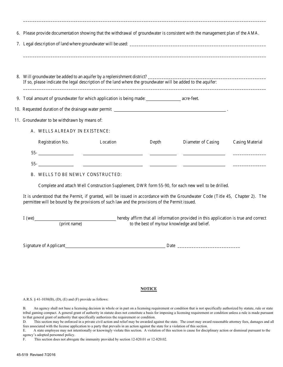 Form 519 Application for Permit to Withdraw Groundwater for Drainage Purposes Within an Active Management Area - Arizona, Page 2
