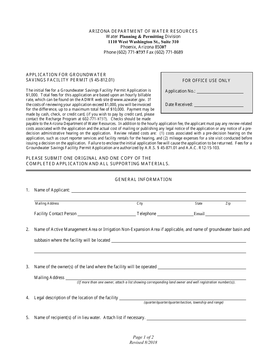 Application for Groundwater Savings Facility Permit - Arizona, Page 1