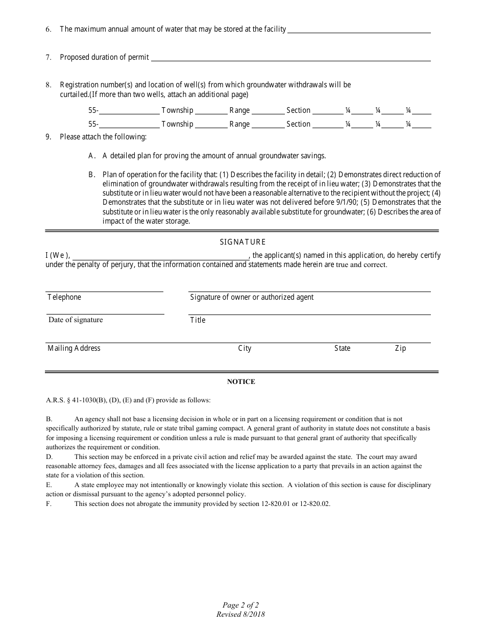 Application for Groundwater Savings Facility Permit - Arizona, Page 2