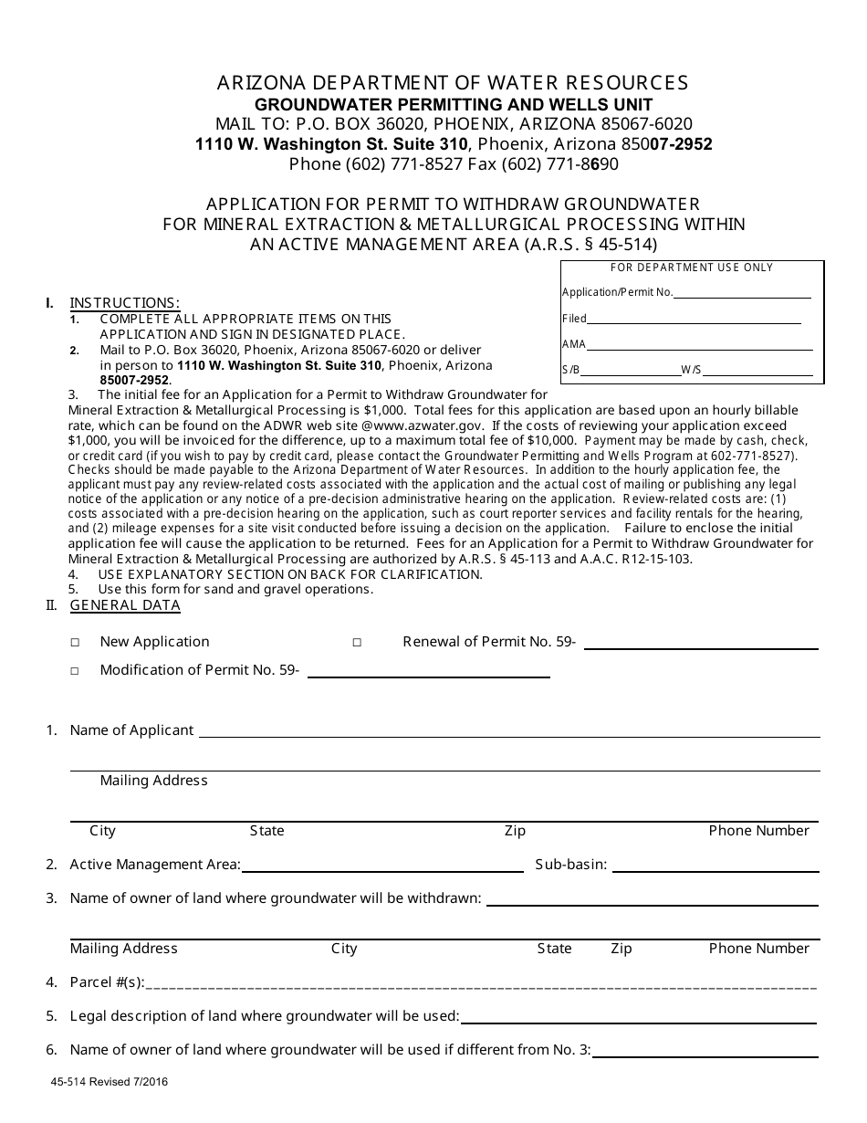 Form 514 Application for Permit to Withdraw Groundwater for Mineral Extraction  Metallurgical Processing Within an Active Management Area - Arizona, Page 1