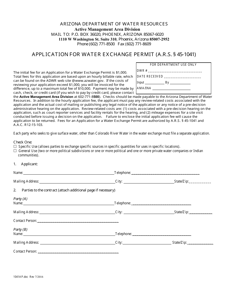 Form 1041 Application for Water Exchange Permit - Arizona, Page 1