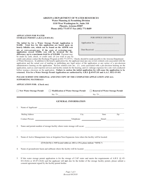 Application for Water Storage Permit - Arizona Download Pdf