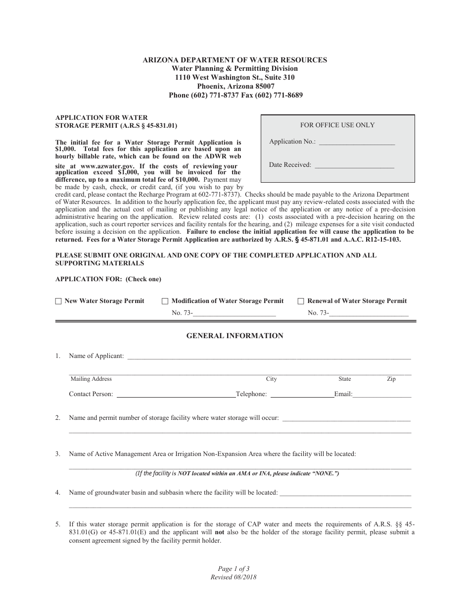 Application for Water Storage Permit - Arizona, Page 1