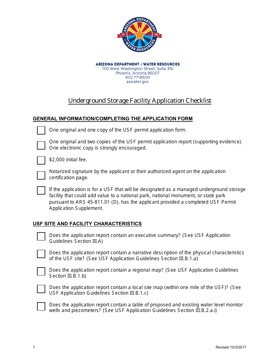 Underground Storage Facility Application Checklist - Arizona, Page 1