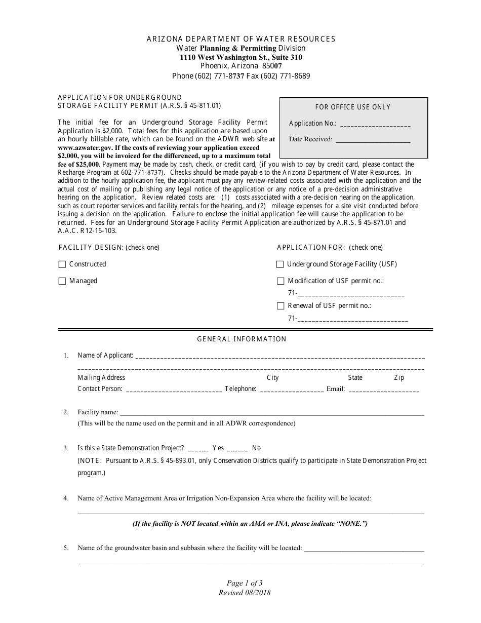 Application for Underground Storage Facility Permit - Arizona, Page 1