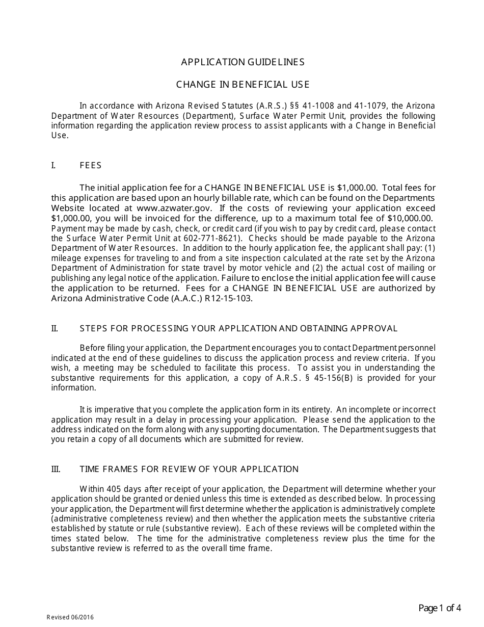 Application for Change in Beneficial Use - Arizona, Page 1
