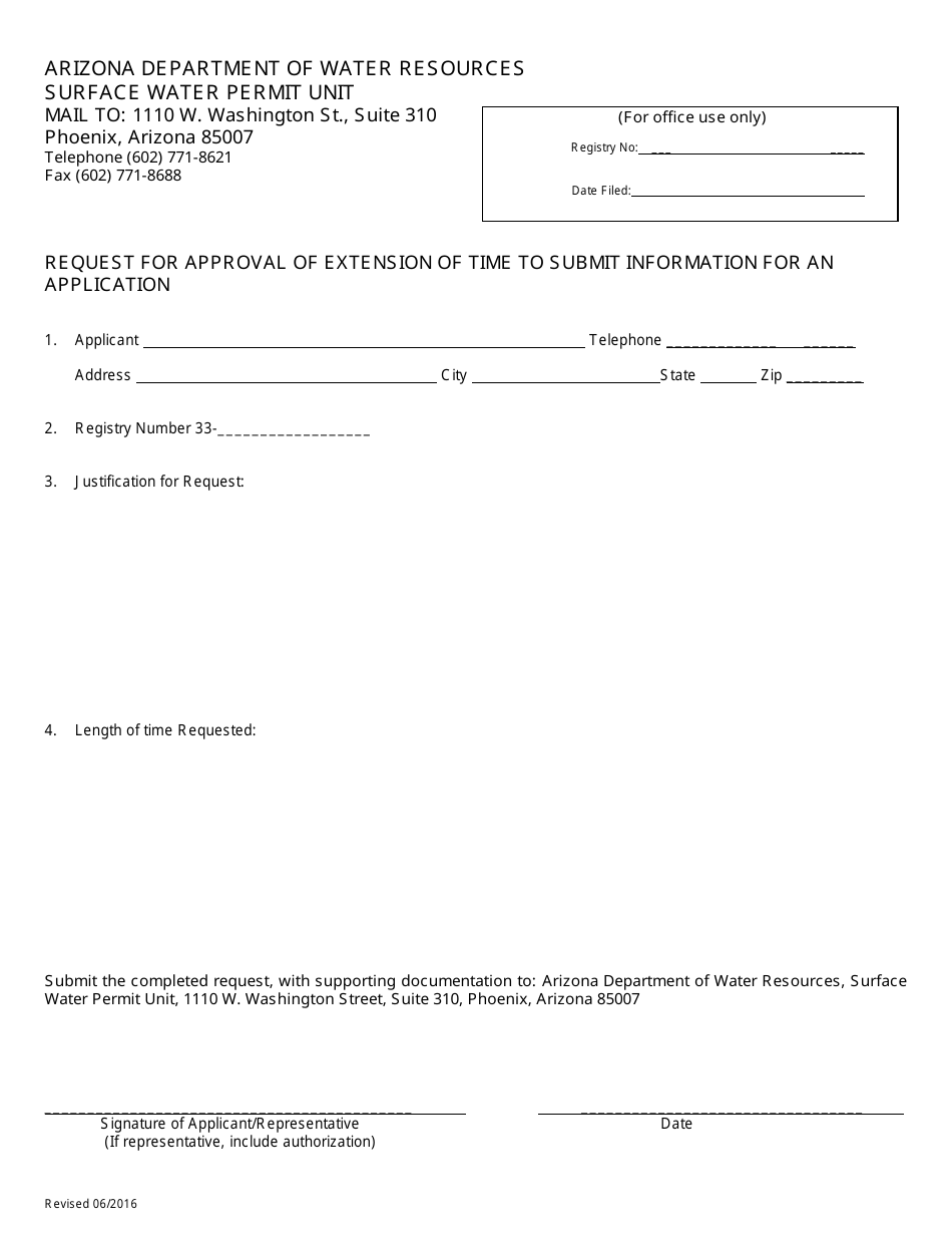 Request for Approval of Extension of Time to Submit Information for an Application - Arizona, Page 1