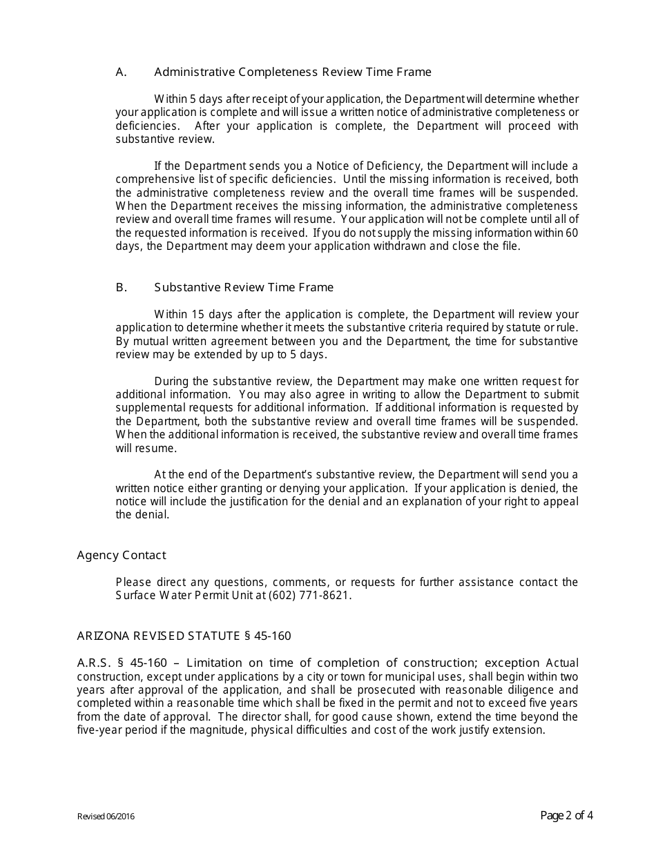 Request for Approval of Extension of Time to Complete Construction of Works by Which Water Is Put to Beneficial Use - Arizona, Page 2