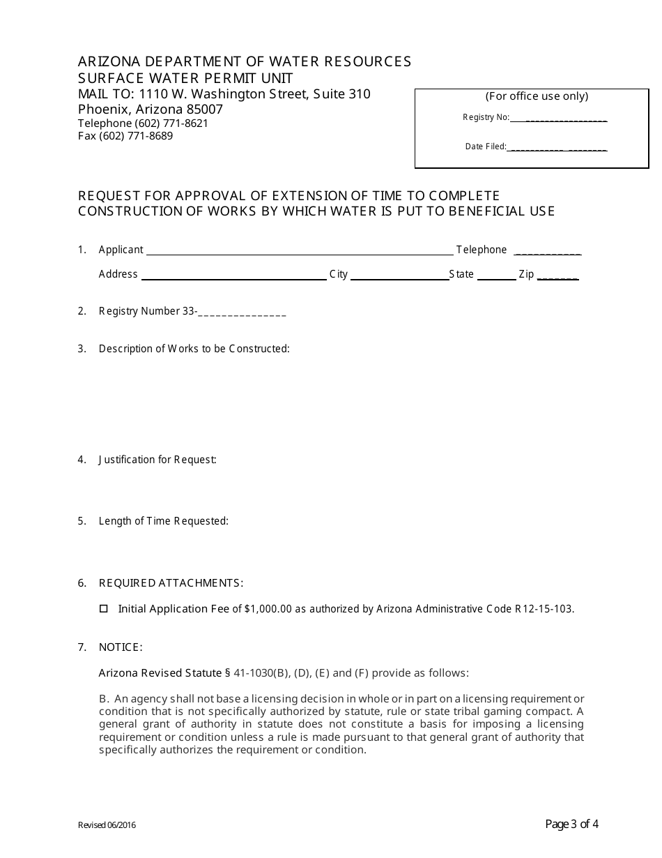 Request for Approval of Extension of Time to Complete Construction of Works by Which Water Is Put to Beneficial Use - Arizona, Page 3