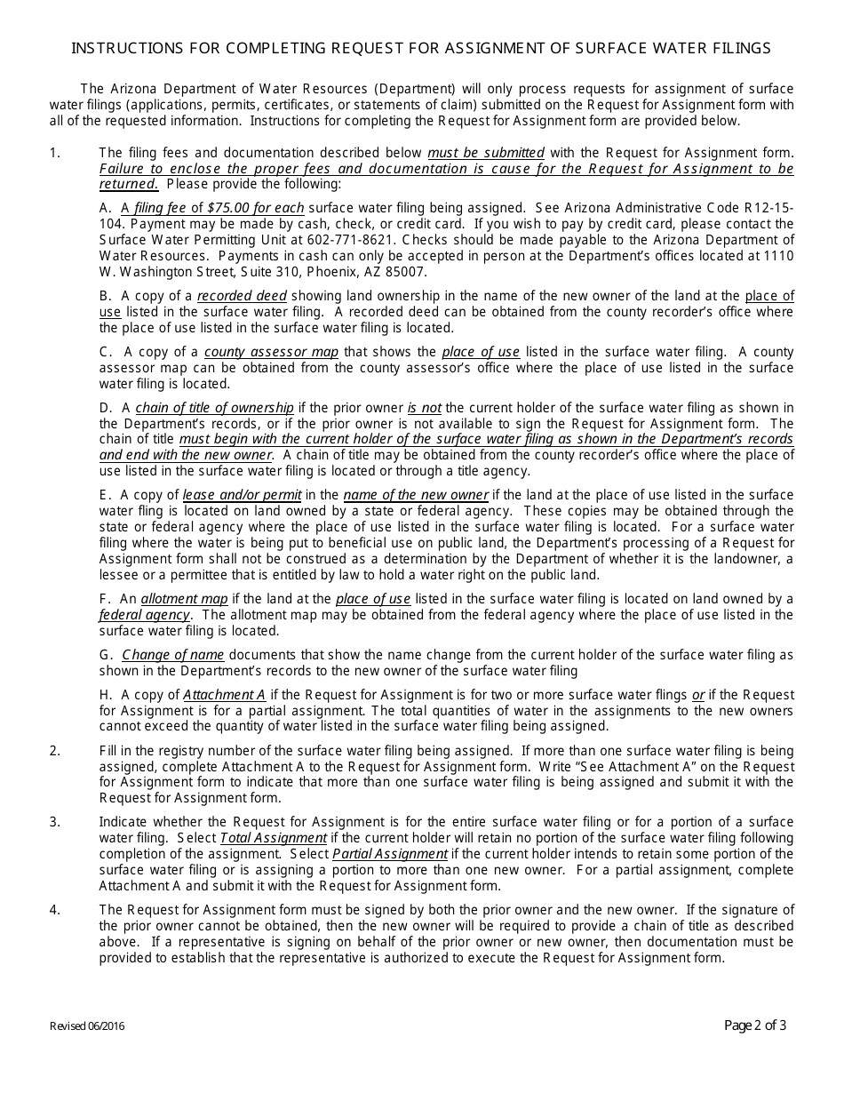 Request for Assignment of Surface Water Filings - Arizona, Page 2