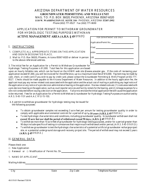 Form 519.01 Application for Permit to Withdraw Groundwater for Hydrologic Testing Purposes Within an Active Management Area - Arizona
