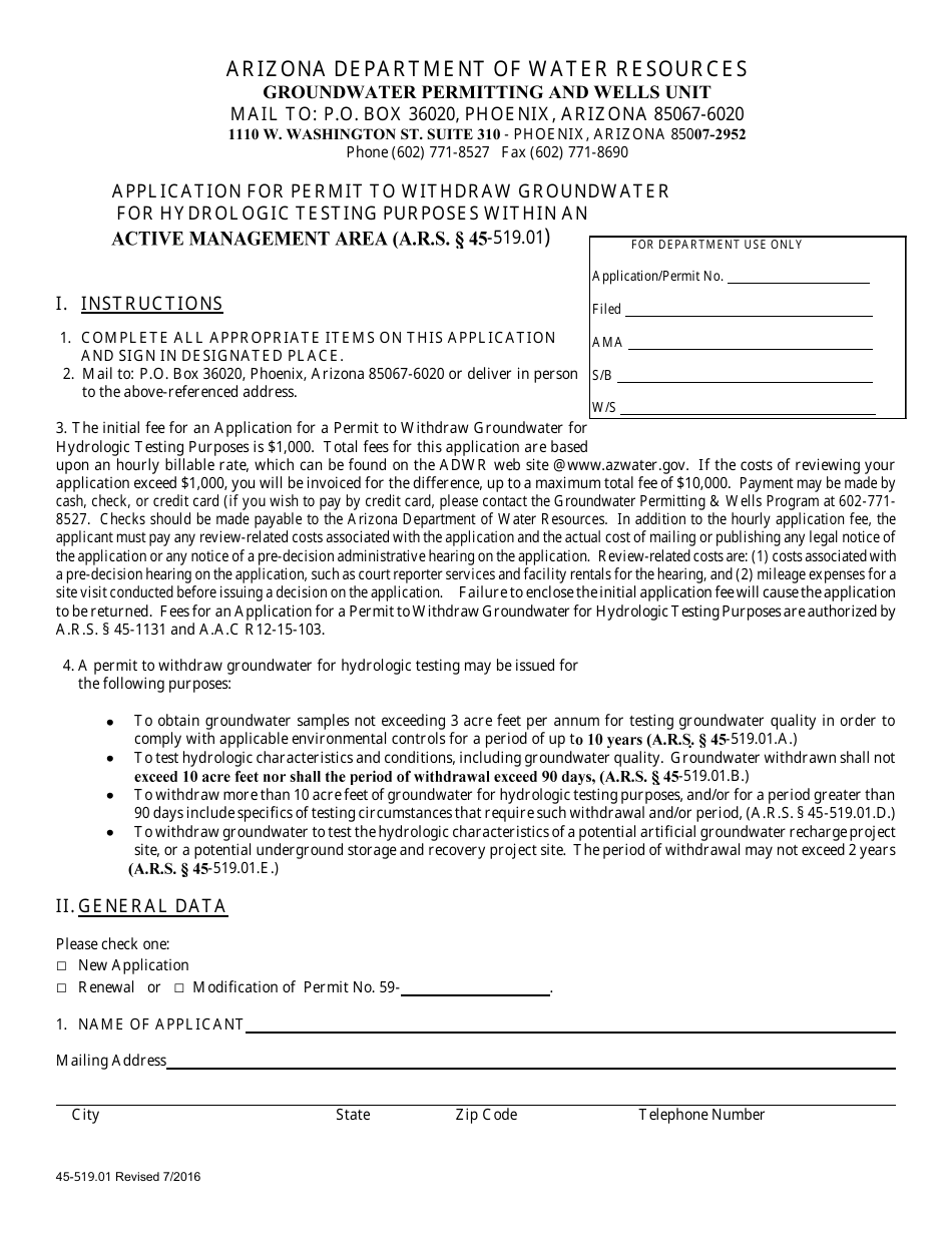 Form 519.01 Application for Permit to Withdraw Groundwater for Hydrologic Testing Purposes Within an Active Management Area - Arizona, Page 1