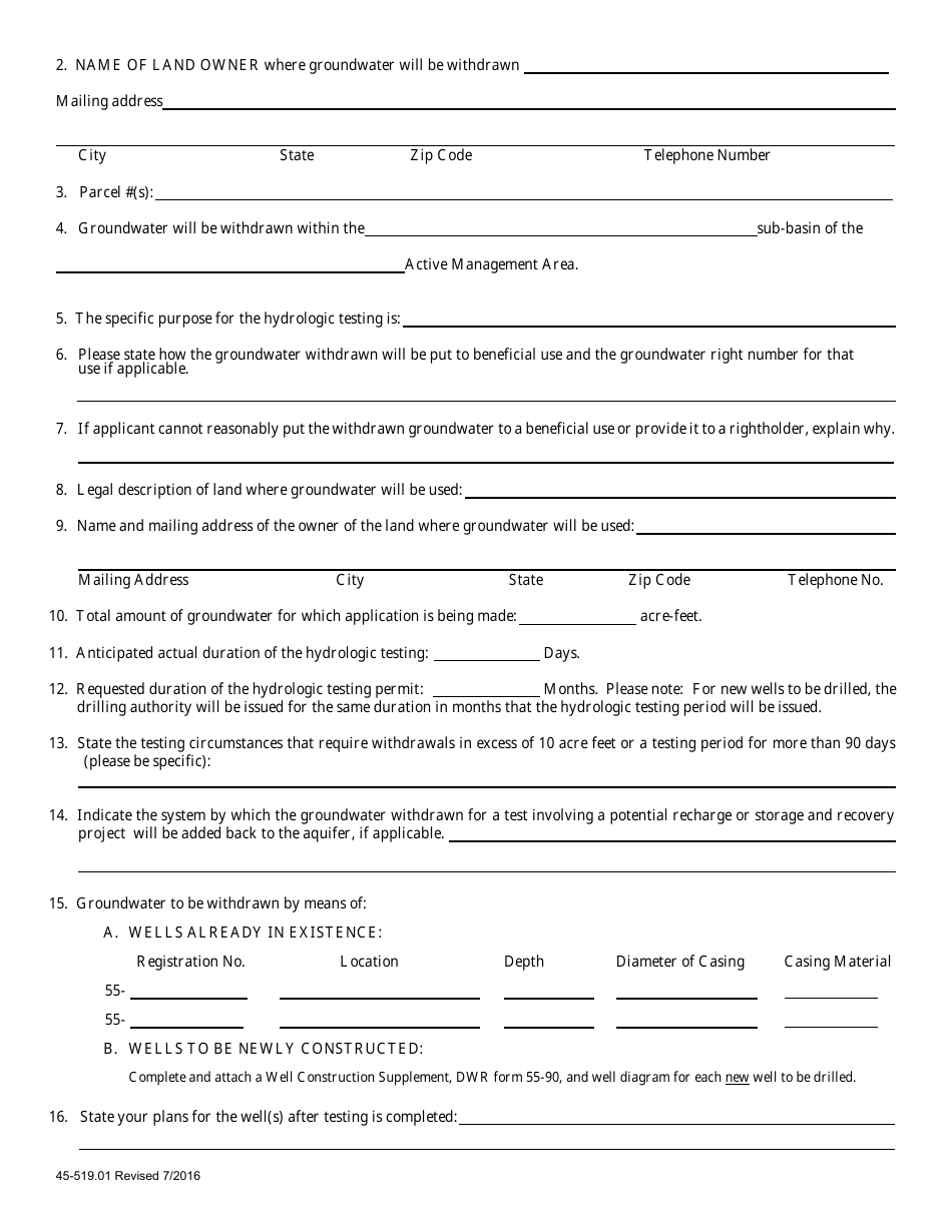 Form 519.01 Application for Permit to Withdraw Groundwater for Hydrologic Testing Purposes Within an Active Management Area - Arizona, Page 2