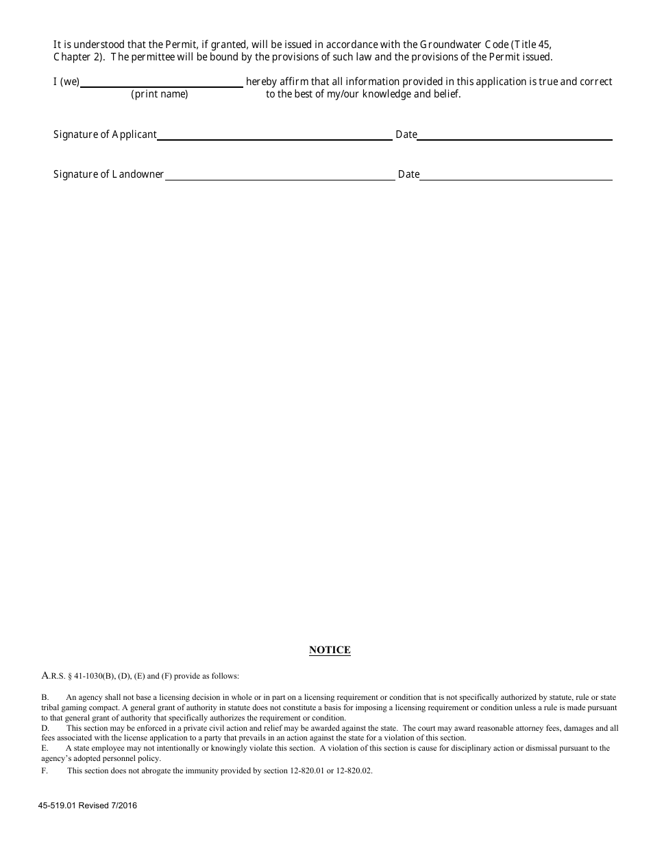 Form 519.01 Application for Permit to Withdraw Groundwater for Hydrologic Testing Purposes Within an Active Management Area - Arizona, Page 3