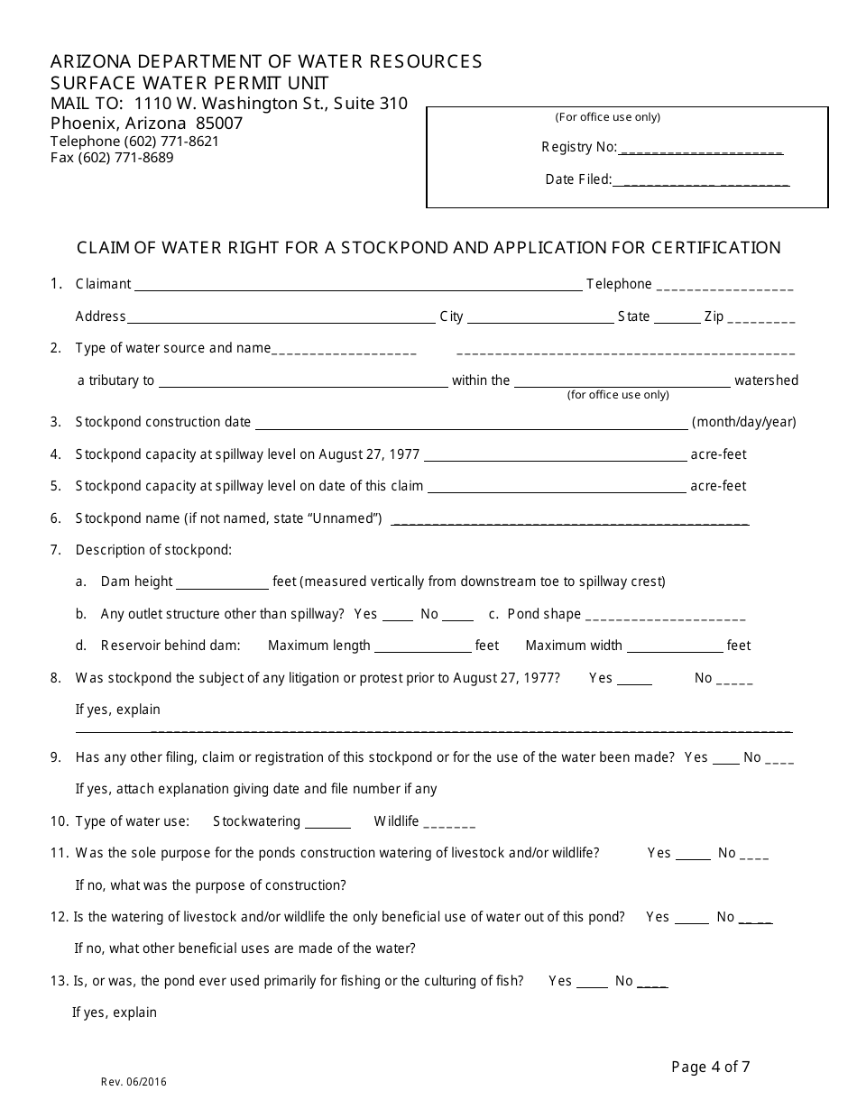 Claim of Water Right for a Stockpond and Application for Certification - Arizona, Page 4