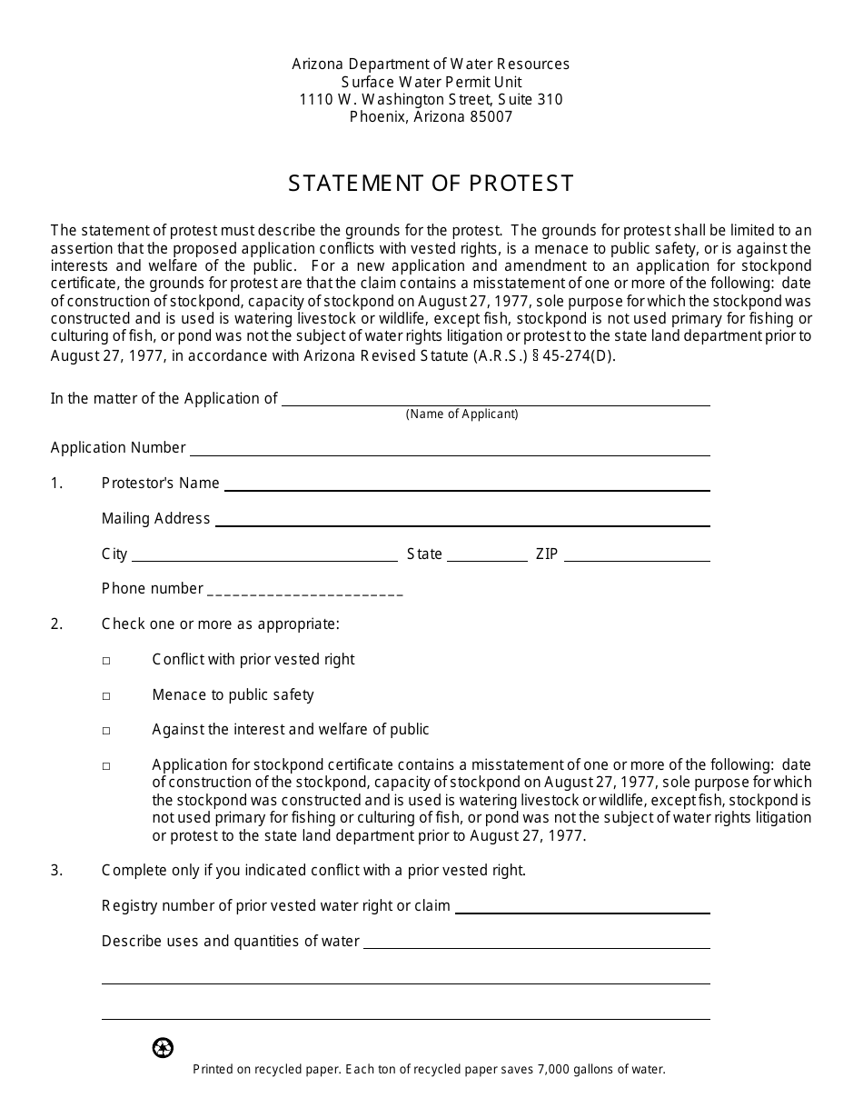 Statement of Protest - Arizona, Page 1