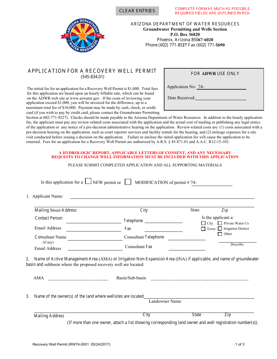 Form RW74-0001 Application for a Recovery Well Permit - Arizona, Page 1