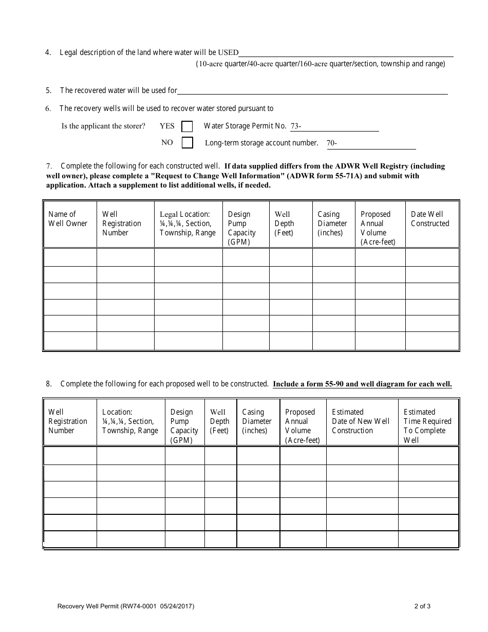 Form RW74-0001 Application for a Recovery Well Permit - Arizona, Page 2
