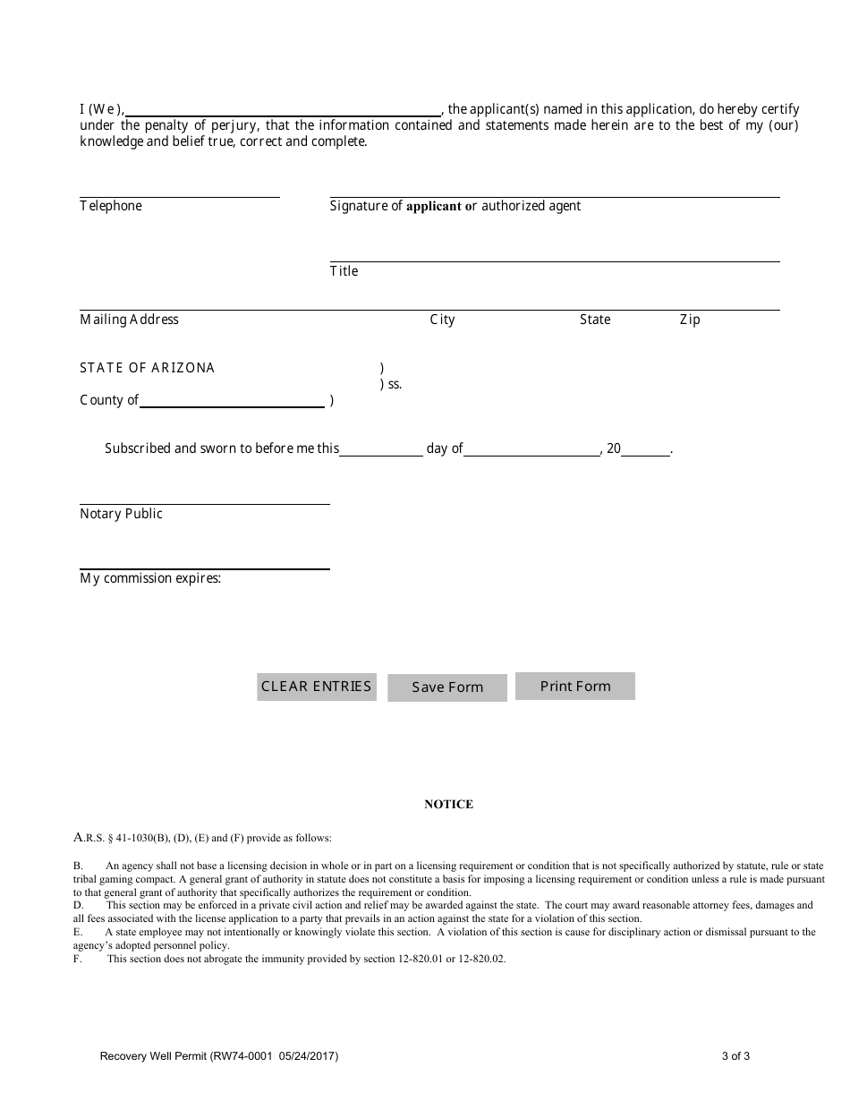 Form RW74-0001 Application for a Recovery Well Permit - Arizona, Page 3