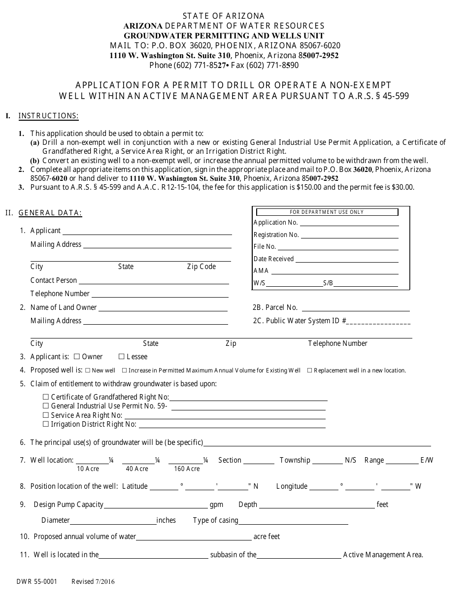Form DWR55-0001 Application for a Permit to Drill or Operate a Non-exempt Well Within an Active Management Area Pursuant to a.r.s. 45-599 - Arizona, Page 1