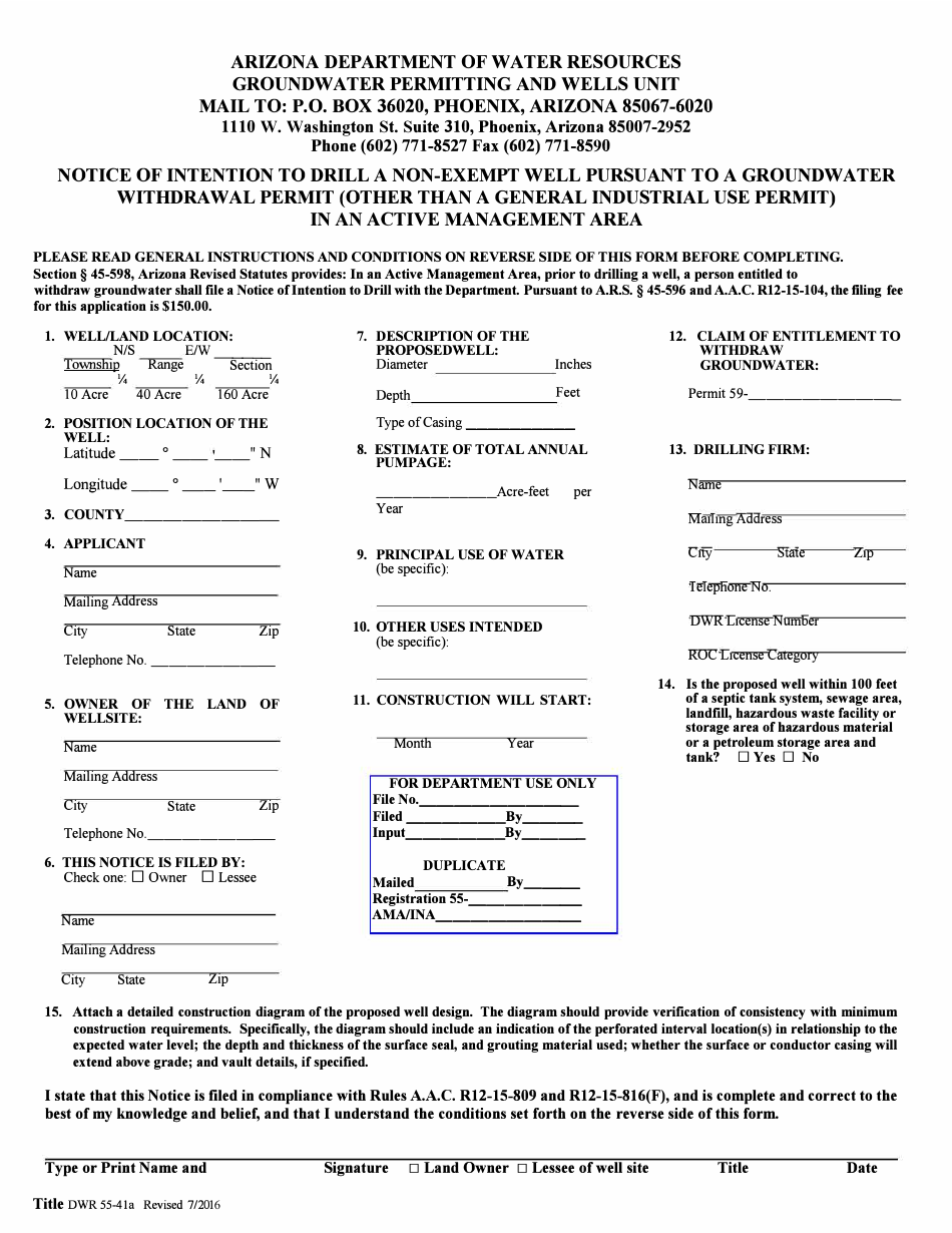Form DWR55-41A Notice of Intention to Drill a Non-exempt Well Pursuant to a Groundwater Withdrawal Permit (Other Than a General Industrial Use Permit) in an Active Management Area - Arizona, Page 1