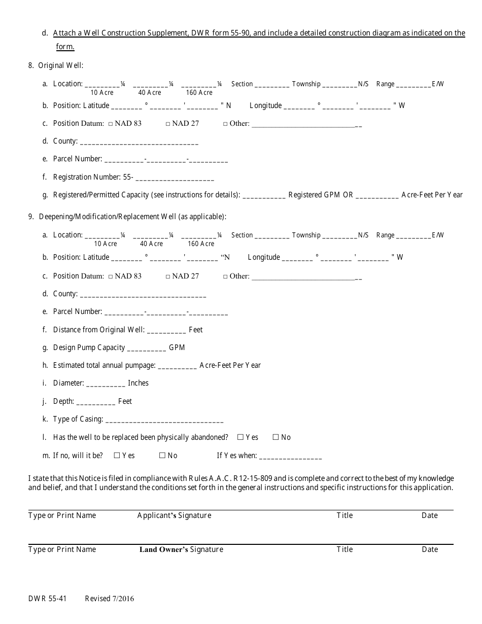 Form DWR55-41 Notice of Intention to Deepen or Modify an Existing Non-exempt Well or Construct a Replacement Non-exempt Well at Approximately the Same Location in an Active Management Area - Arizona, Page 2