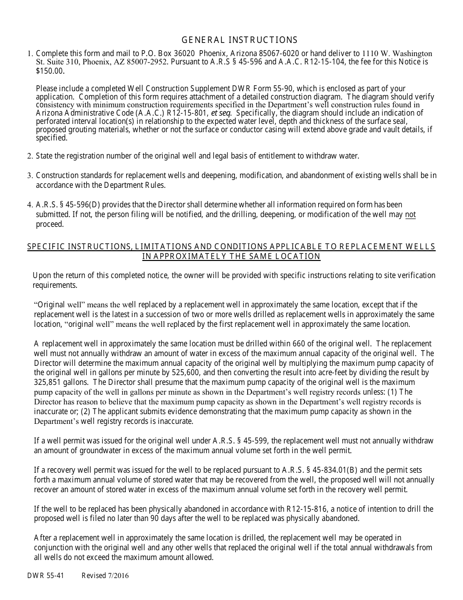 Form DWR55-41 Notice of Intention to Deepen or Modify an Existing Non-exempt Well or Construct a Replacement Non-exempt Well at Approximately the Same Location in an Active Management Area - Arizona, Page 3