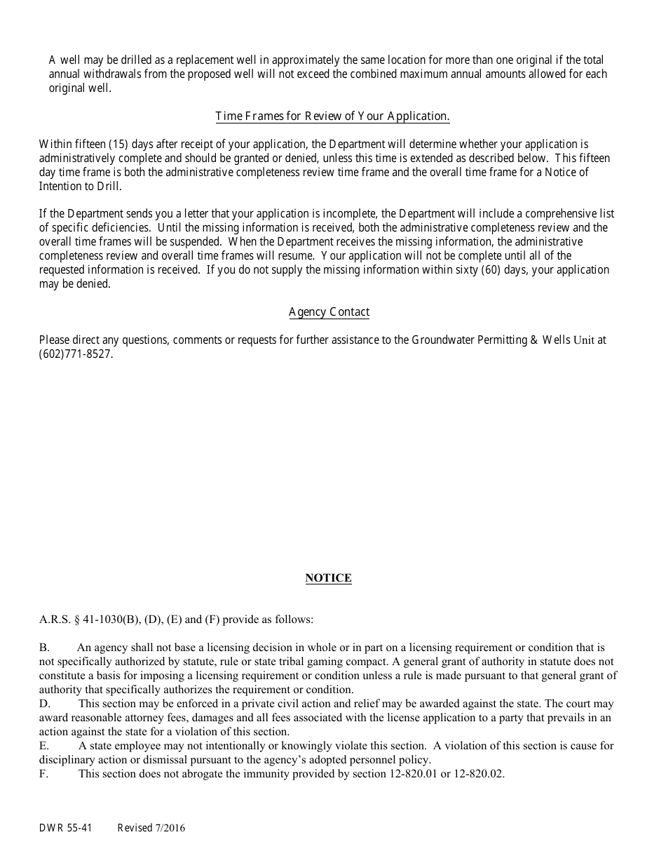Form DWR55-41 Notice of Intention to Deepen or Modify an Existing Non-exempt Well or Construct a Replacement Non-exempt Well at Approximately the Same Location in an Active Management Area - Arizona, Page 4