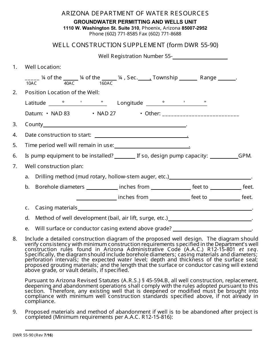 Form DWR55-90 Well Construction Supplement - Arizona, Page 1