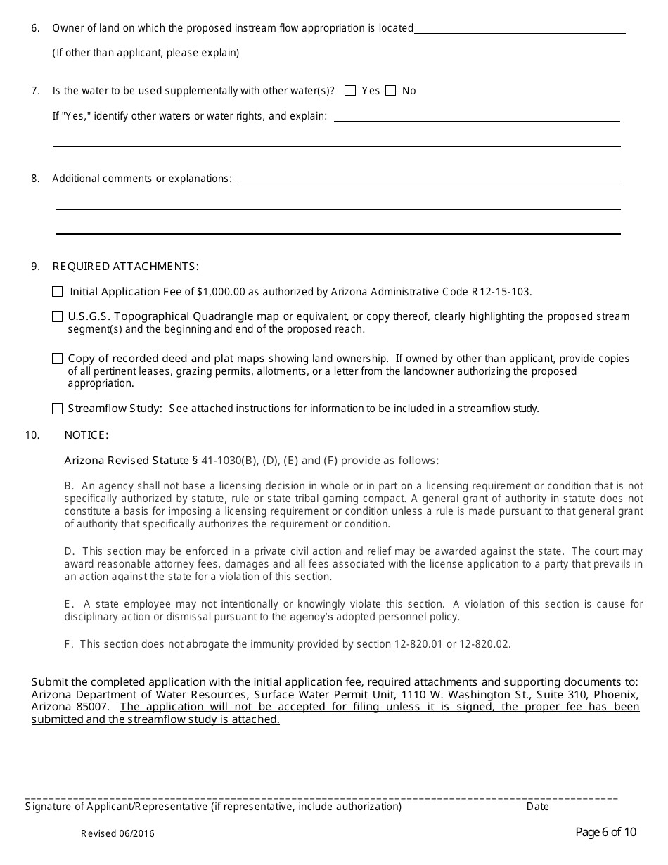 Application for Permit to Appropriate Public Water of the State of Arizona for Instream Flow Purposes - Arizona, Page 6