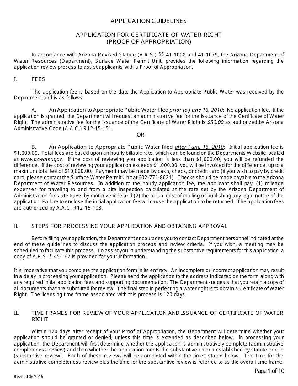 Application for Certificate of Water Right (Proof of Appropriation) of Water - Arizona, Page 1