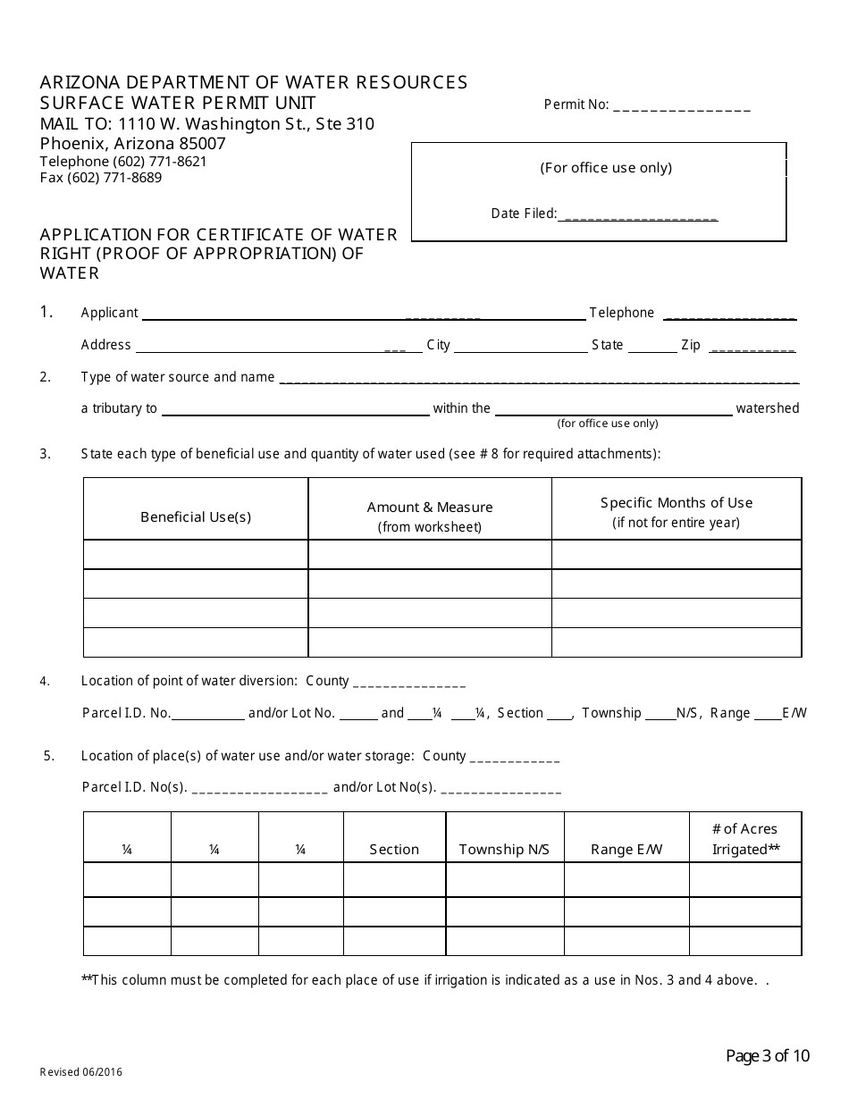 Application for Certificate of Water Right (Proof of Appropriation) of Water - Arizona, Page 3