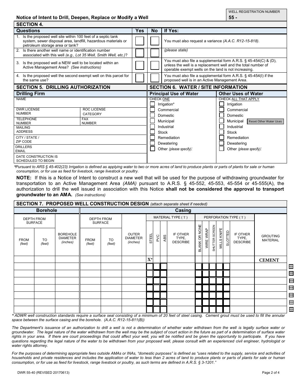 Form DWR55-40 Notice of Intention to Drill, Deepen, Replace or Modify a Well - Arizona, Page 2